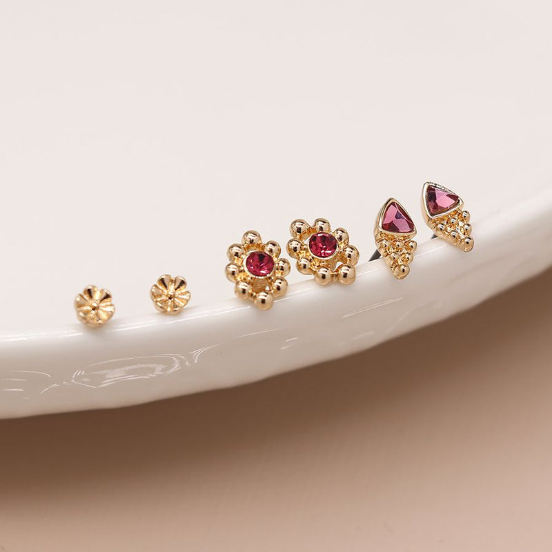 03892 Gold Triple Stud Pink Crystal Earrings By Pom