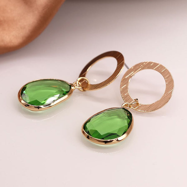 03904 Golden Circle & Green Drop Crystal Earrings By Pom