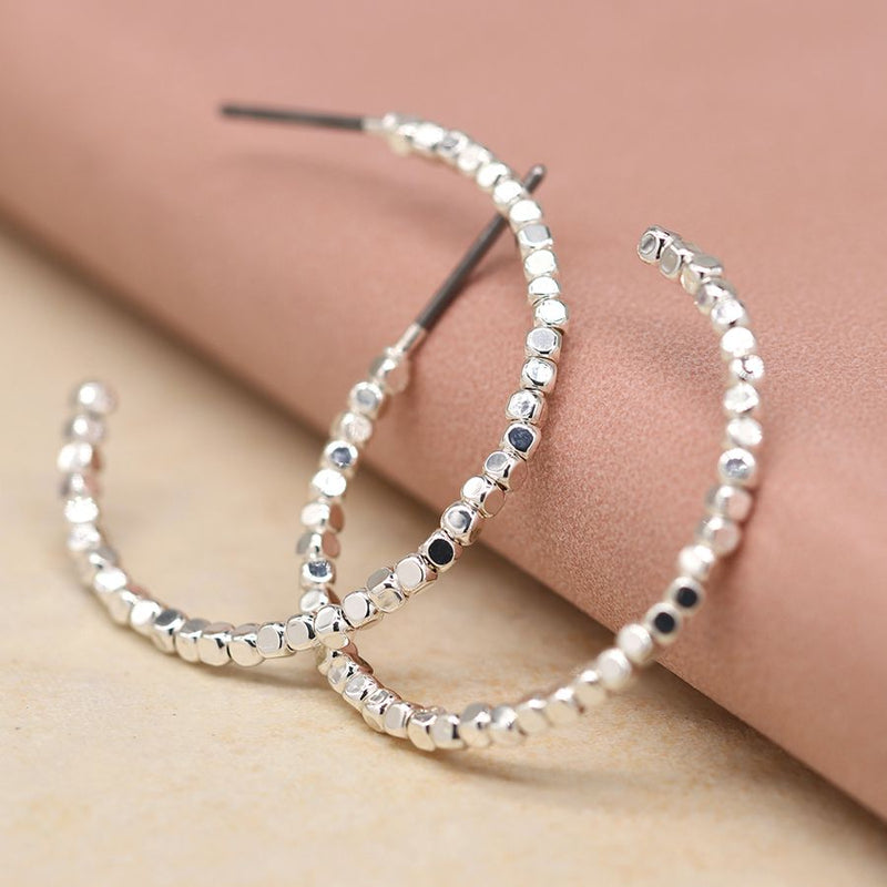 04039 Silver Plated Tiny Cube Beaded Medium Hoop Earrings By Pom