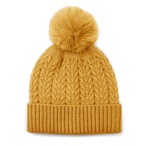 40728 Mustard Herringbone Cable Knit Hat by POM