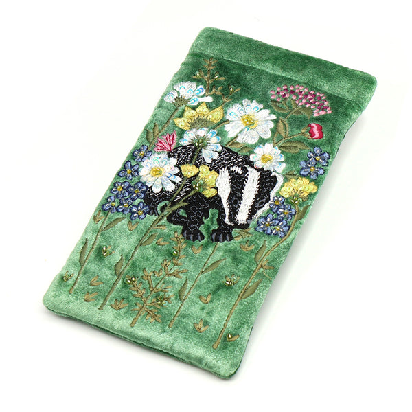 81721 Green Floral Badger Embroidered Glasses Purse By Pom