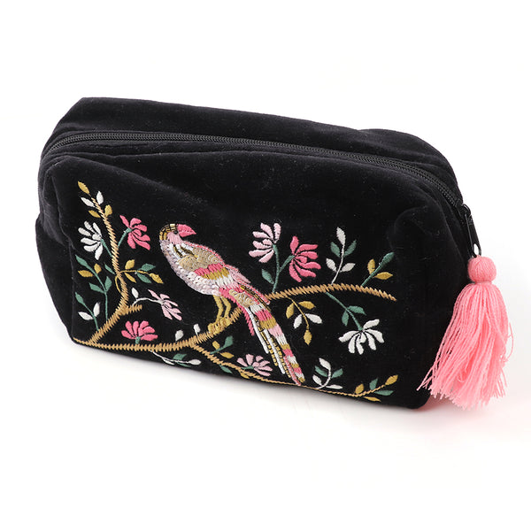 81739 Black Tropical Bird Velvet Make Up Bag By Pom