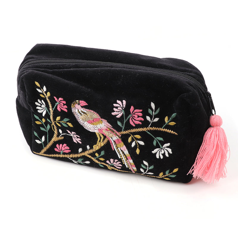 81739 Black Tropical Bird Velvet Make Up Bag By Pom