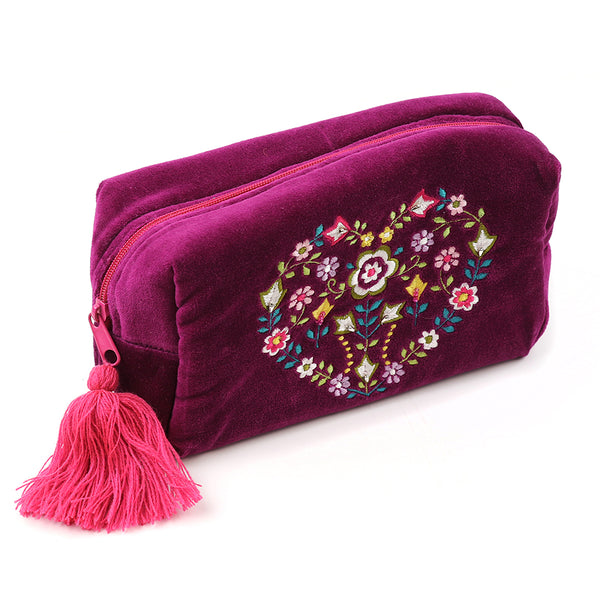 81742 Wine Floral Heart Velvet Make Up Bag By Pom