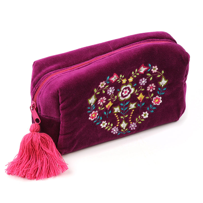 81742 Wine Floral Heart Velvet Make Up Bag By Pom