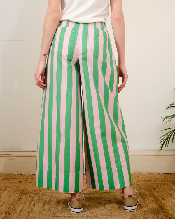 Drawstring Trousers in Green / Pink Stripes Print
