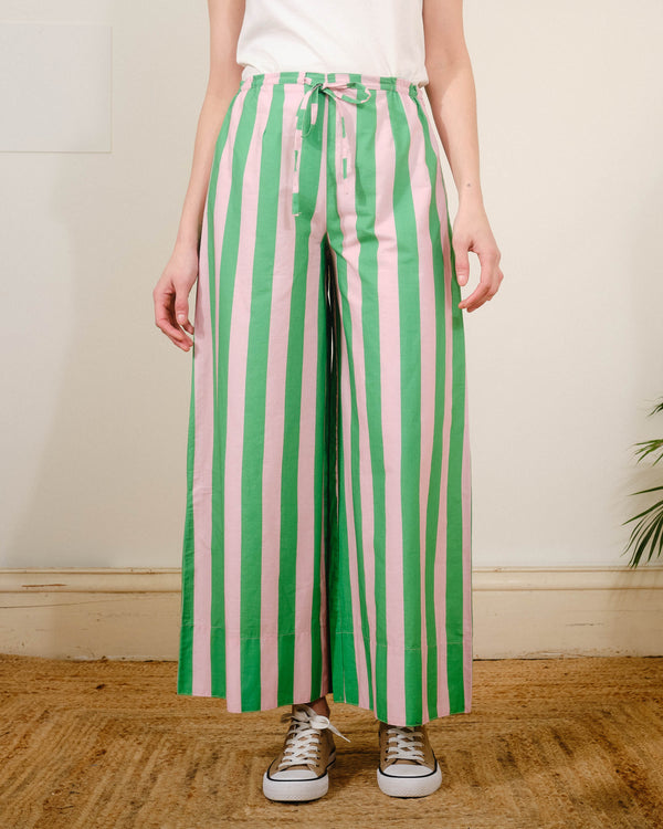 Drawstring Trousers in Green / Pink Stripes Print