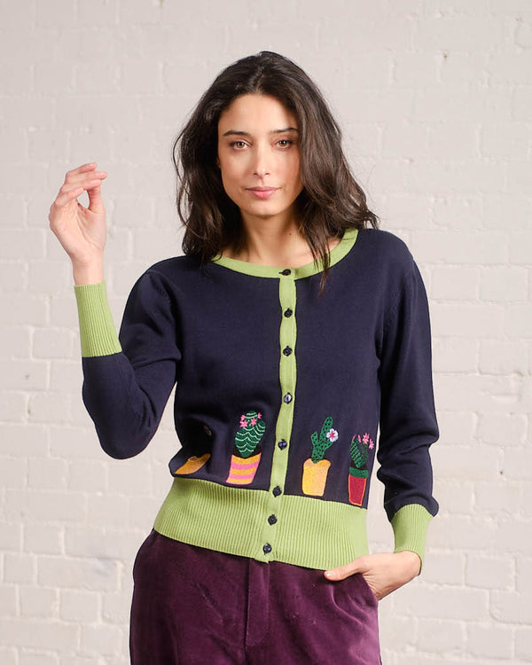 Embroidered Cactus Cardigan in Beacon Blue