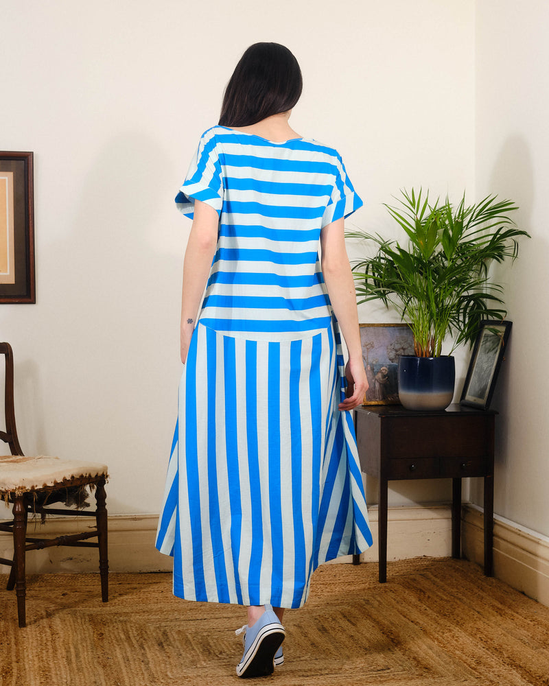 Luna Dress in Blue / White Stripes Print
