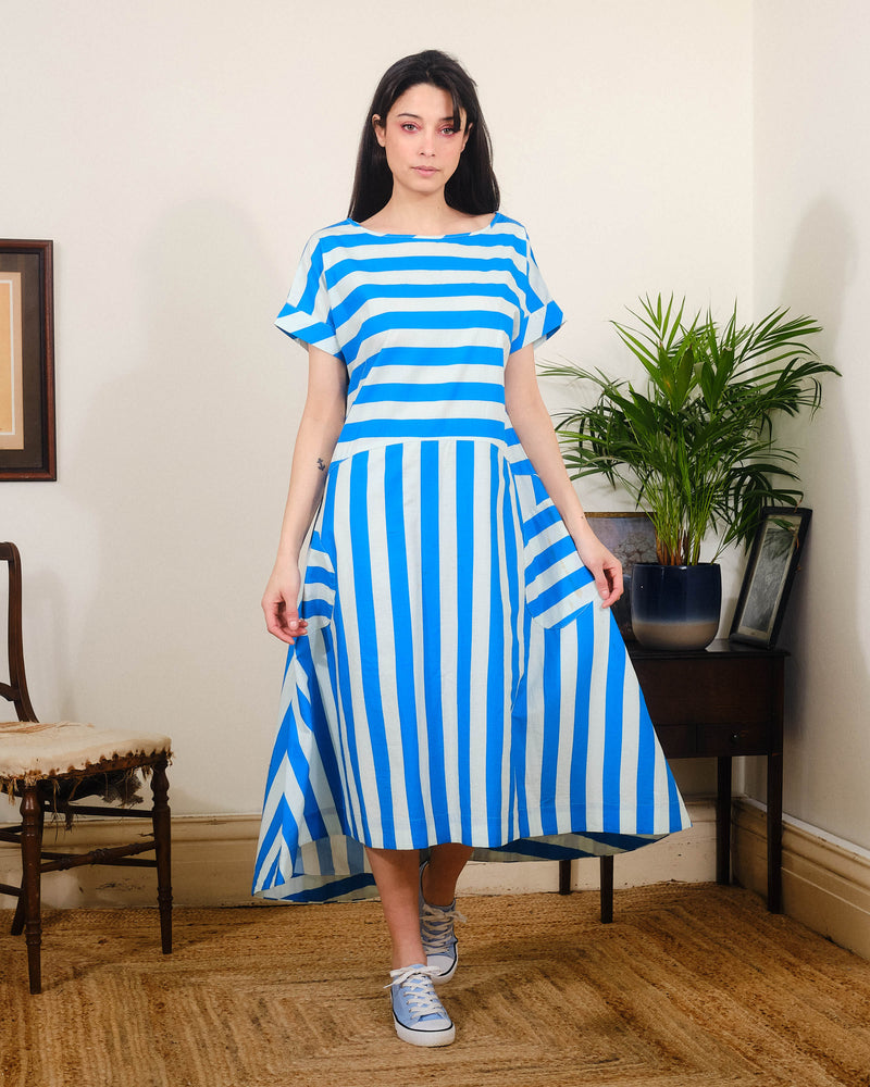 Luna Dress in Blue / White Stripes Print