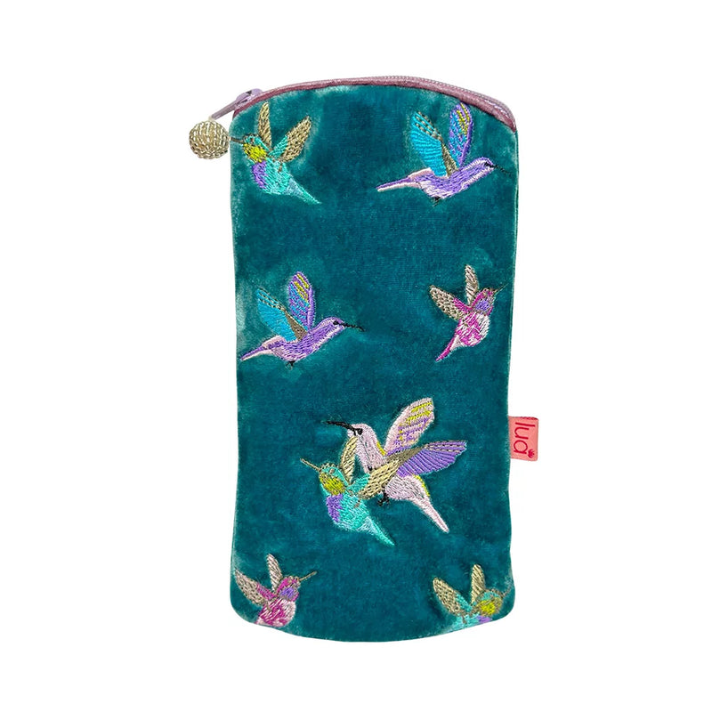 PU242 Teal Hummingbird Velvet Zipped Glasses Purse By Lua