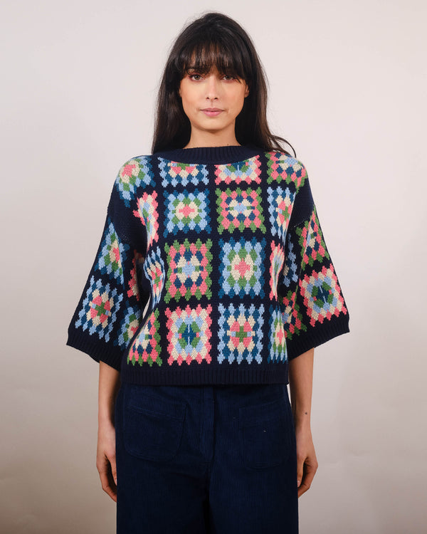 Roma 3/4 Sleeve Sweater in Navy Patch