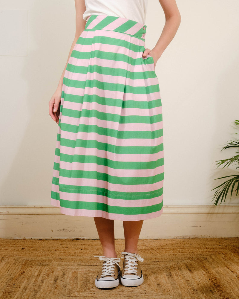 Taylor Skirt in Green / Pink Stripes Print