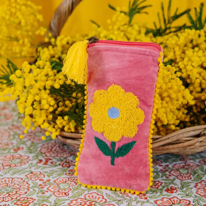 Pink & Yellow Velvet Single Flower Glasses Pouch