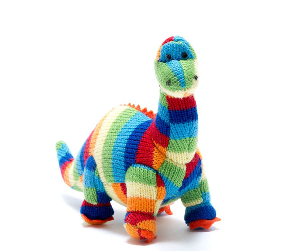 BY4056 Knitted Diplodocus Dinosaur Baby Rattle in Bold Stripes By Best Years