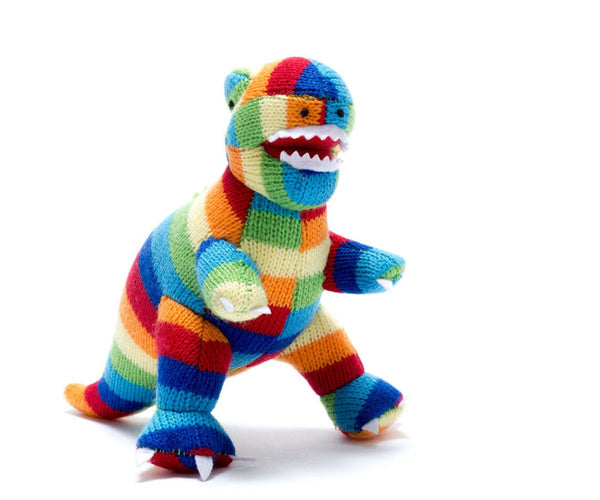 Knitted T-Rex Dinosaur Baby Rattle in Bold Stripe BY4053 By Best Years