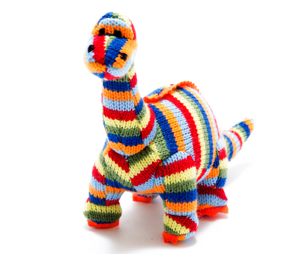 BY4157NB Knitted Diplodocus Dinosaur Baby Rattle in Rainbow By Best Years