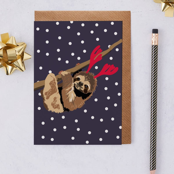 Xmas Greetings Card Ria Sloth By Lorna Syson