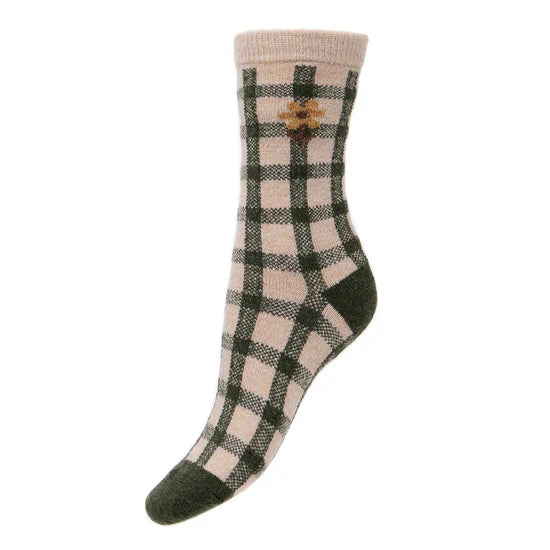 WS437 Green/Cream Chequered Wool Blend Socks (UK4-7)