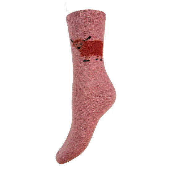 WS578 Pink Highland Cow Wool Blend Socks (UK4-7)