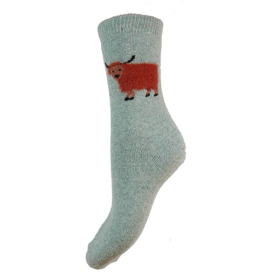 WS580 Light Blue Highland Cow Wool Blend Socks (UK4-7)