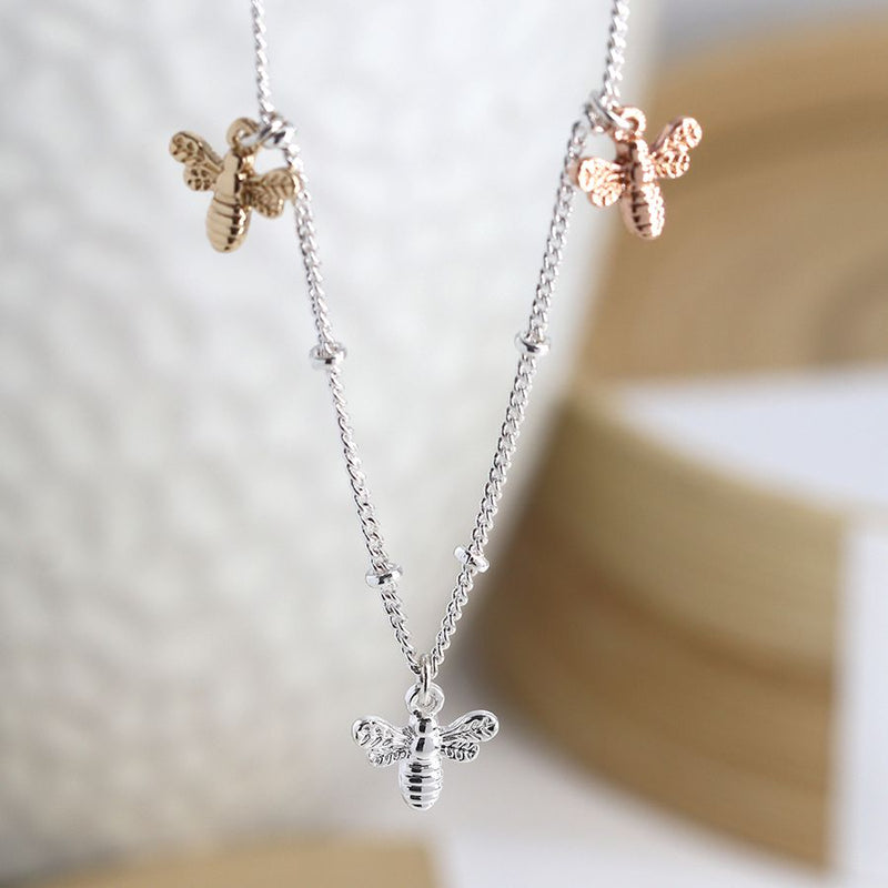 03445 Triple Mixed Bee Charms on Silver Plated Chain Necklace By Pom