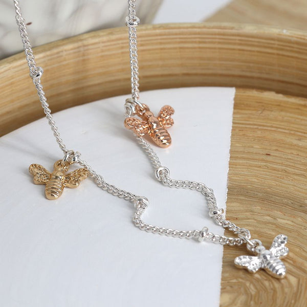 03445 Triple Mixed Bee Charms on Silver Plated Chain Necklace By Pom