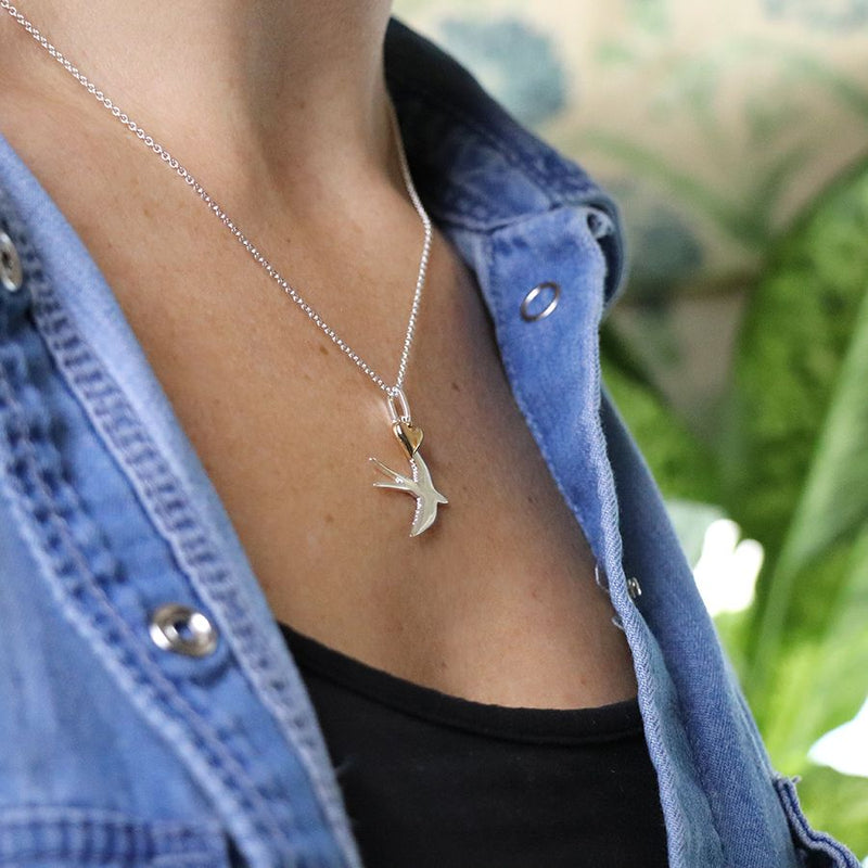 03563 Silver Plated Swallow Necklace With Golden Heart By Pom