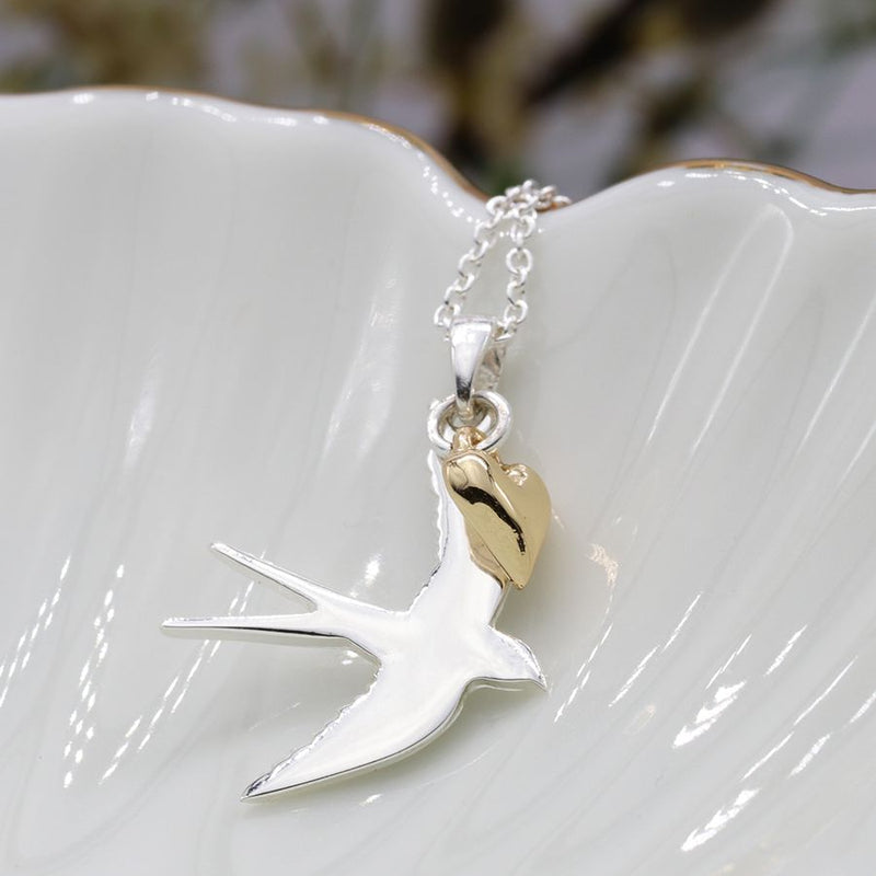 03563 Silver Plated Swallow Necklace With Golden Heart By Pom