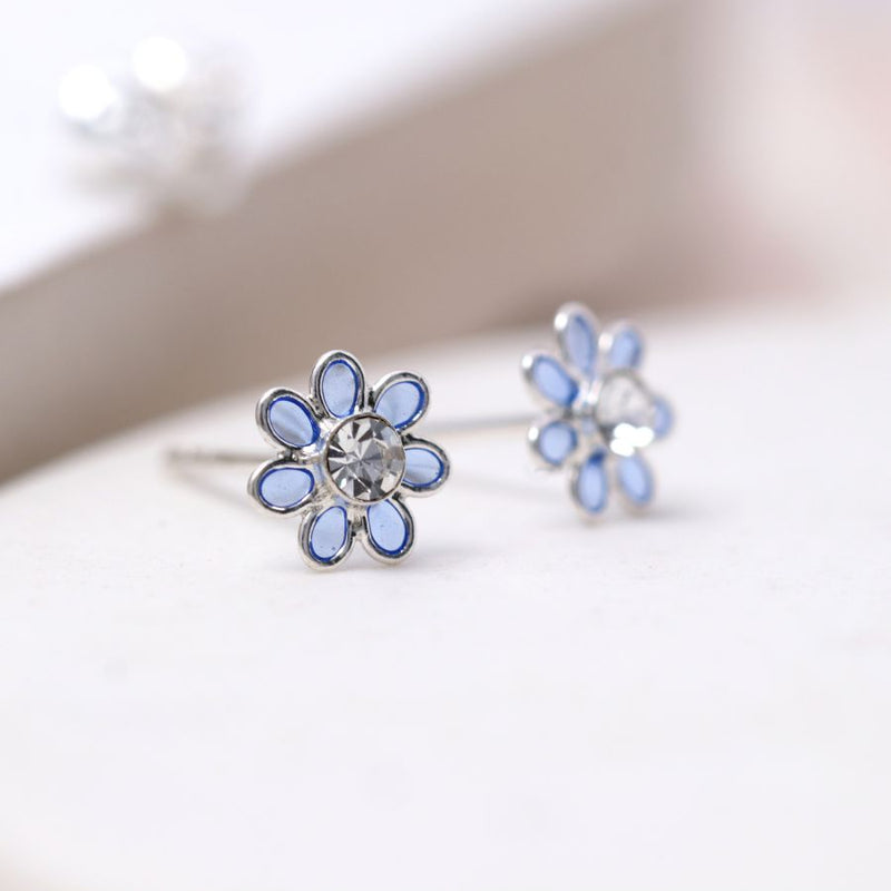 SB0210 Sterling Silver Blue Flower Stud Earrings By Pom